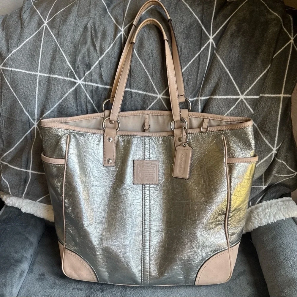 Coach Metallic Silver and Tan Tote Set - Picture 2 of 13